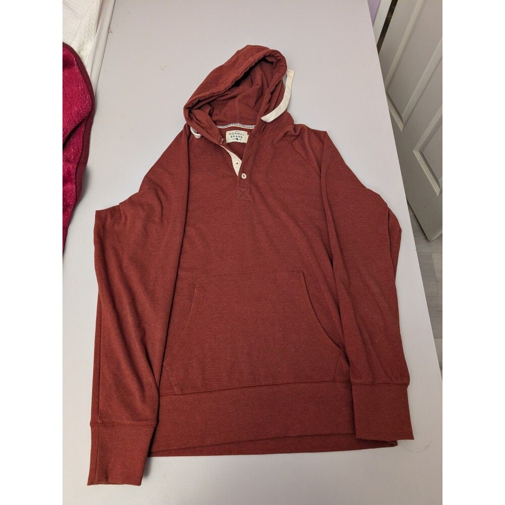 The Normal Brand Mens Puremeso Henley Hoodie XL Rust Red Maroon Raglan Pullover